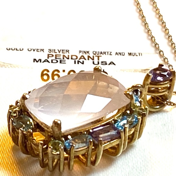 Gold Over Sterling Silver Genuine Pink Quartz Necklace - Picture 8 of 9